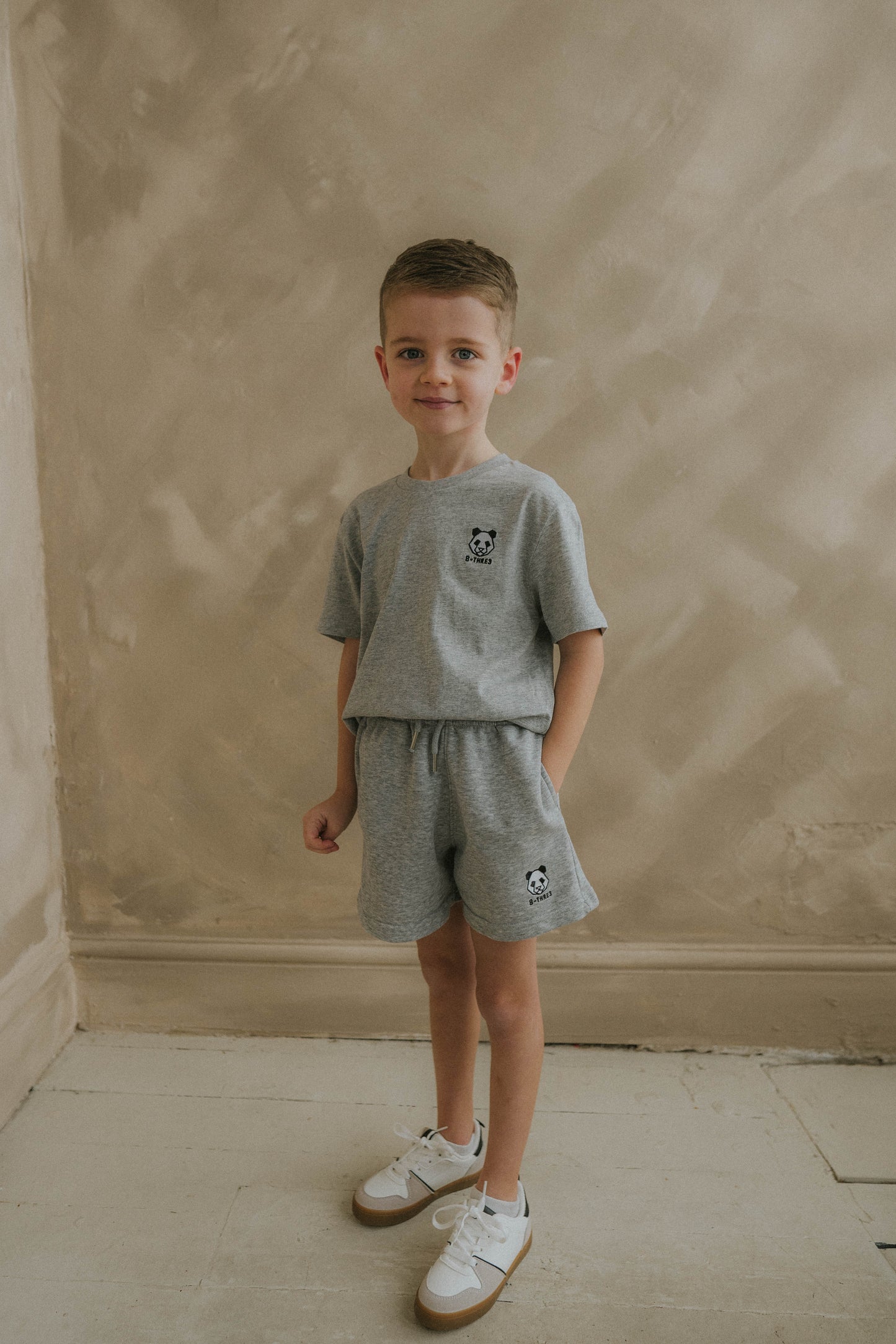 B-THRE3 Panda Kids Jogger Shorts in Grey