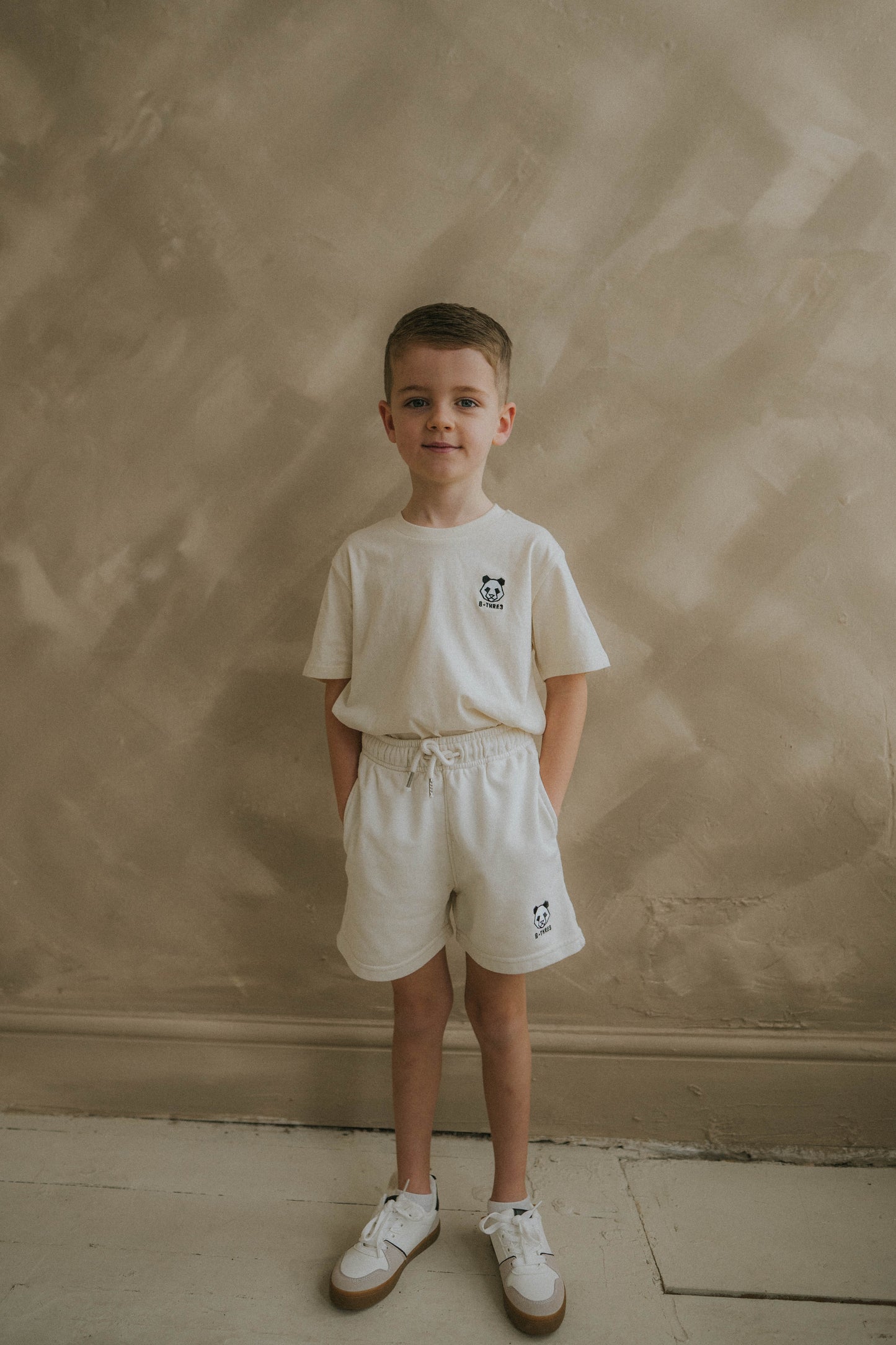 B-THRE3 Panda Kids Jogger Shorts in Natural