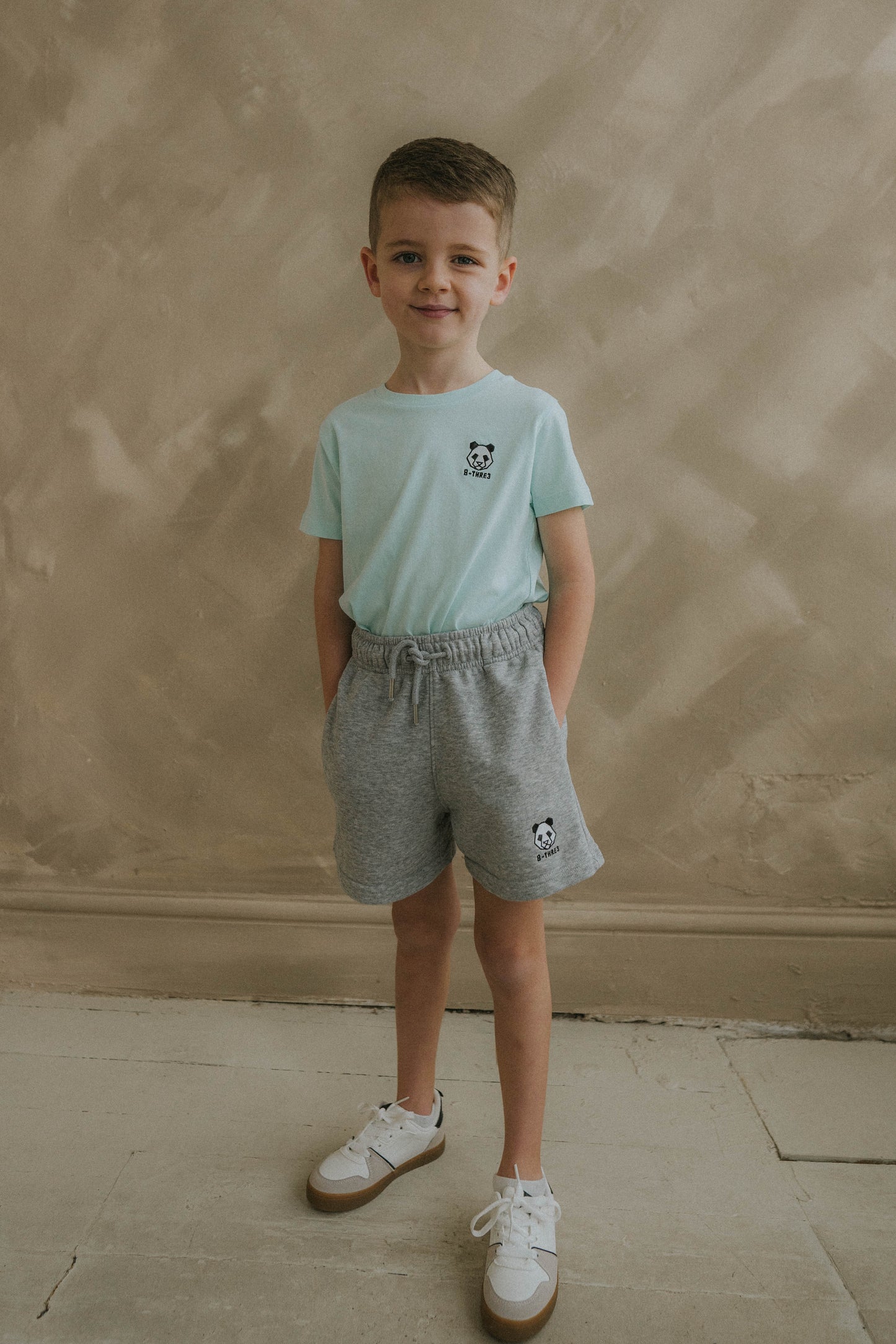 B-THRE3 Panda Kids Jogger Shorts in Grey