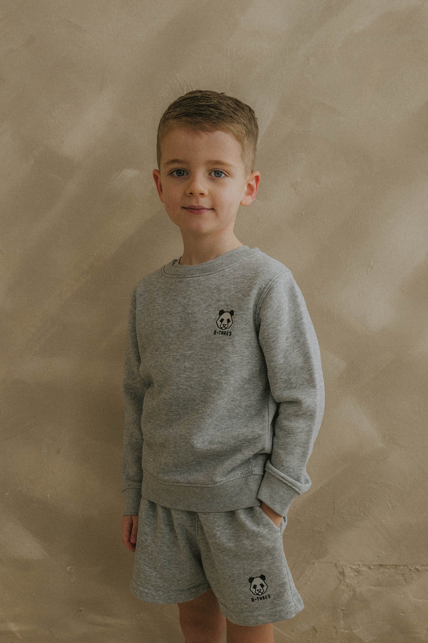 B-THRE3 Panda Kids Crew Neck Sweatshirt in Grey